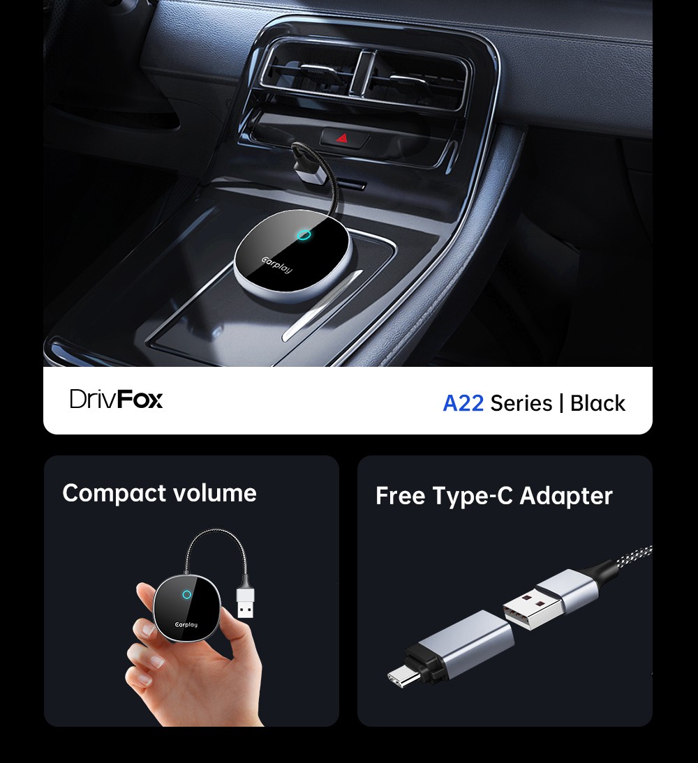 DriFox A22 Wired to Wireless Carplay Adapter, Plug & Play, Auto-Connect, 5.8GHz Fast Data Transmission, Voice Assistant