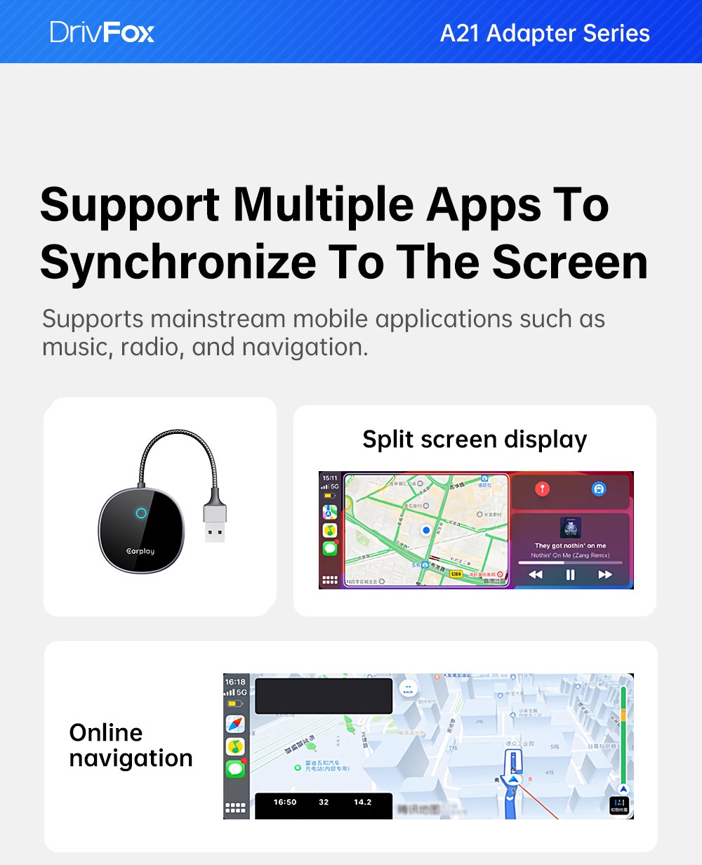 DriFox A22 Wired to Wireless Carplay Adapter, Plug & Play, Auto-Connect, 5.8GHz Fast Data Transmission, Voice Assistant
