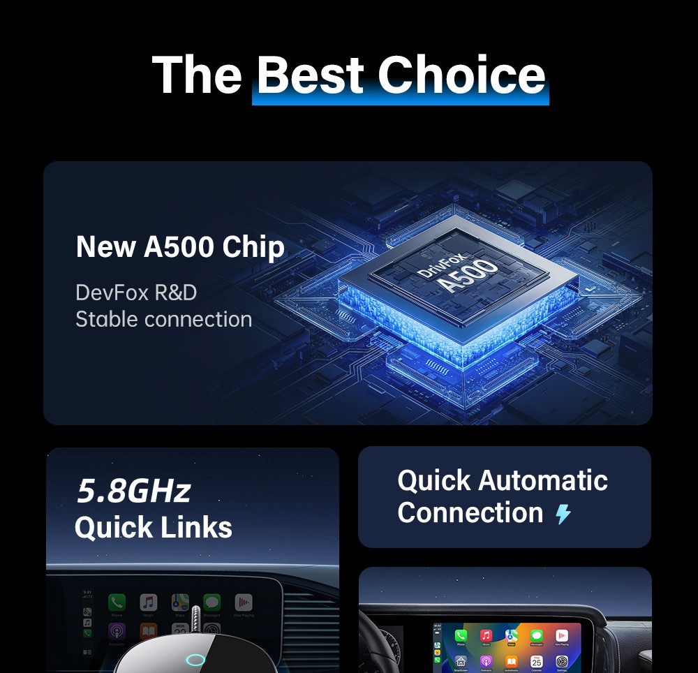 DriFox A22 Wired to Wireless Carplay Adapter, Plug & Play, Auto-Connect, 5.8GHz Fast Data Transmission, Voice Assistant