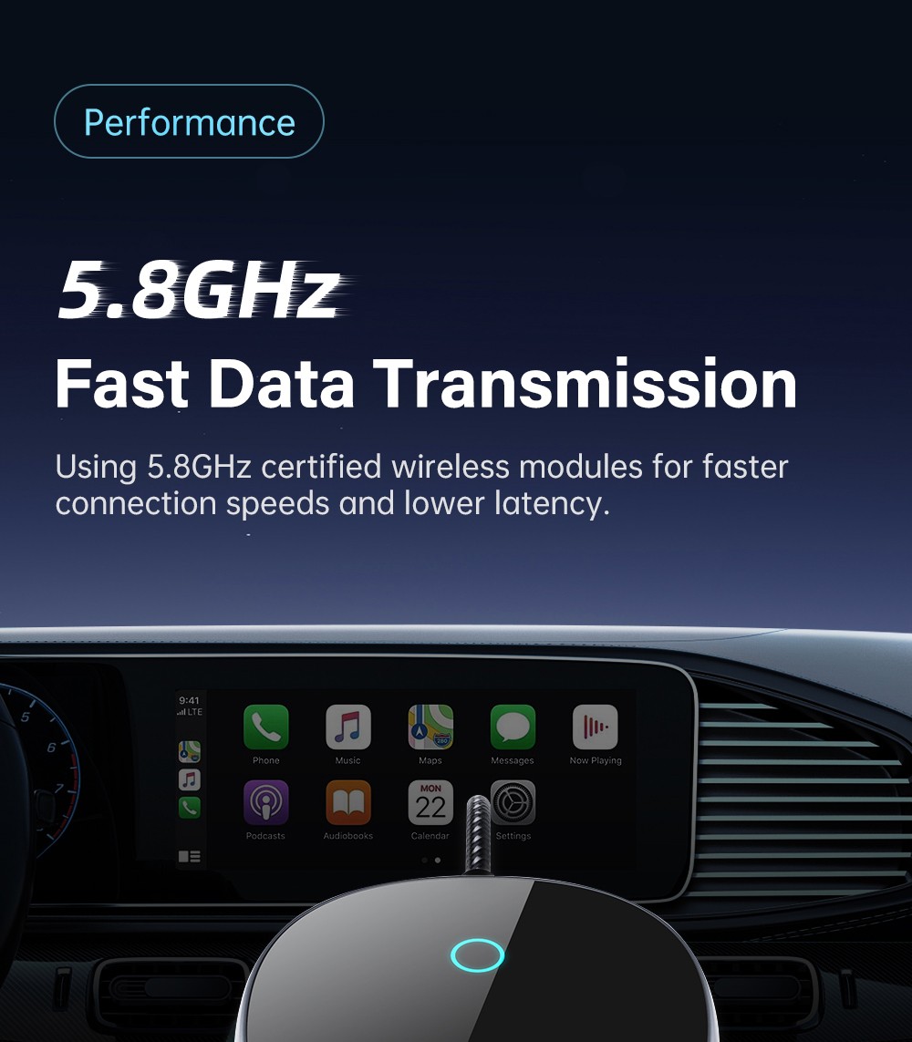 DriFox A22 Wired to Wireless Carplay Adapter, Plug & Play, Auto-Connect, 5.8GHz Fast Data Transmission, Voice Assistant