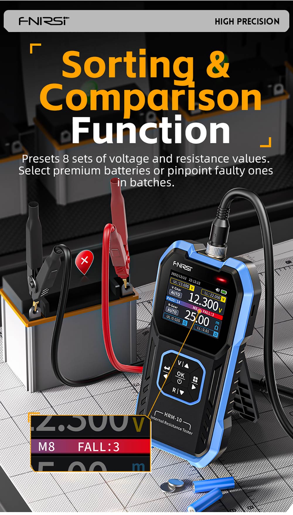 FNIRSI HRM-10 Battery Tester - Digital Voltage & Internal Resistance Meter For Car, AAA, AA Batteries