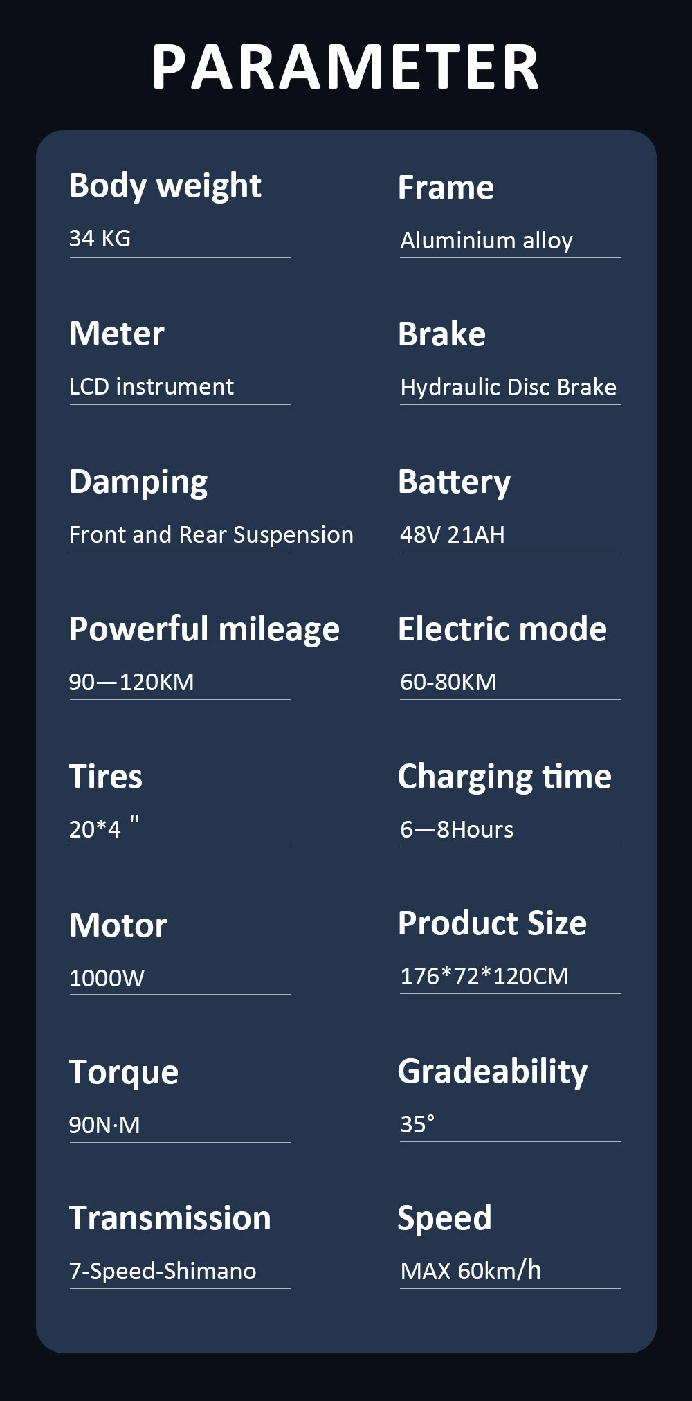 GUNAI-T Electric Bike, 1000W Motor, 48V 21Ah Battery, 20*4.0-palcové tučné pneumatiky, max. rýchlosť 60 km/h, max. dojazd 120 km, hydraulické kotúčové brzdy, predné & zadné odpruženie, Shimano 7 rýchlostí