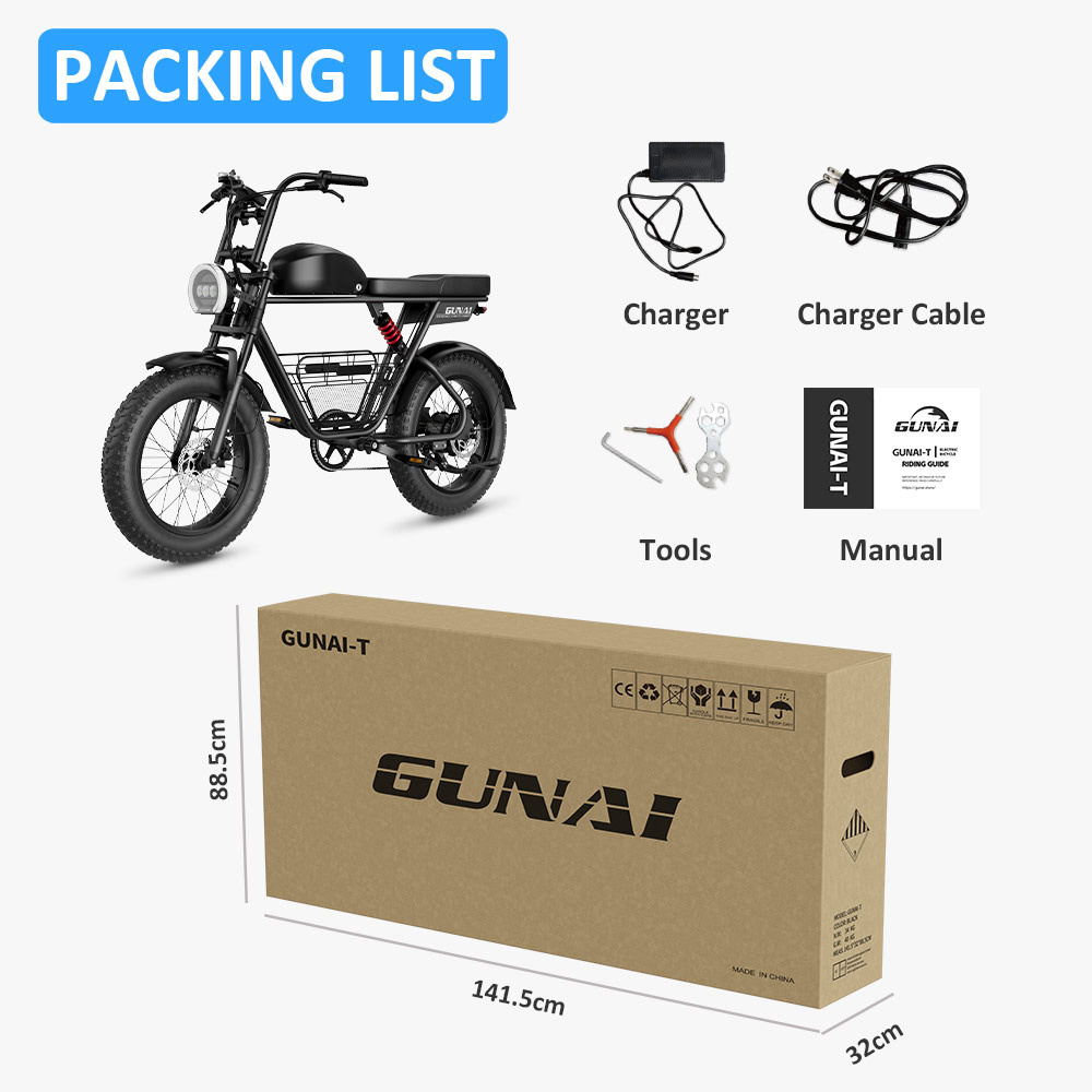 GUNAI-T Electric Bike, 1000W Motor, 48V 21Ah Battery, 20*4.0-palcové tučné pneumatiky, max. rýchlosť 60 km/h, max. dojazd 120 km, hydraulické kotúčové brzdy, predné & zadné odpruženie, Shimano 7 rýchlostí