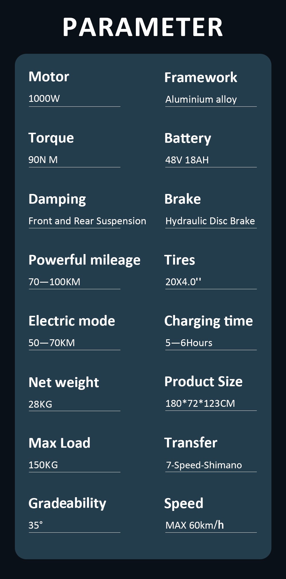 GUNAI-Y Electric Bike, 1000W Motor, 48V 18Ah Battery, 20*4.0-palcové tučné pneumatiky, max. rýchlosť 60 km/h, dojazd 100 km, hydraulické kotúčové brzdy, predné & zadné odpruženie, Shimano 7 rýchlostí