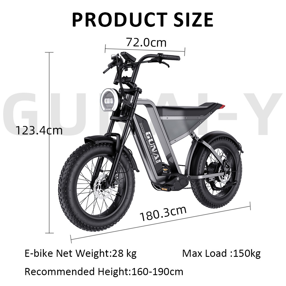 Elektrobicykel GUNAI-Y, 1000W motor, 48V 18Ah batéria, 20*4.0-palcové tučné pneumatiky, max. rýchlosť 60 km/h, dojazd 100 km, hydraulické kotúčové brzdy, predné & zadné odpruženie, Shimano 7 rýchlostí