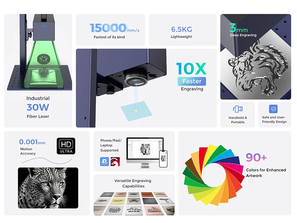 Gweike Cloud G2 PRO 30W Fiber Laser Marking Machine, Dual Red Light, 15000mm/s Speed, 0.001mm Accuracy, 110x110mm, 3mm Max. Depth on Metal, 90+ Colorful Engravings, GWEIKE Glaser/ LightBurn, Supports Rotary Roller, Manual Lift