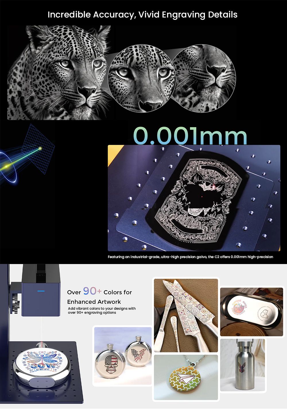 Gweike Cloud G2 PRO 30W Fiber Laser Marking Machine, Dual Red Light, 15000mm/s Speed, 0.001mm Accuracy, 110x110mm, 3mm Max. Depth on Metal, 90+ Colorful Engravings, GWEIKE Glaser/ LightBurn, Supports Rotary Roller, Manual Lift