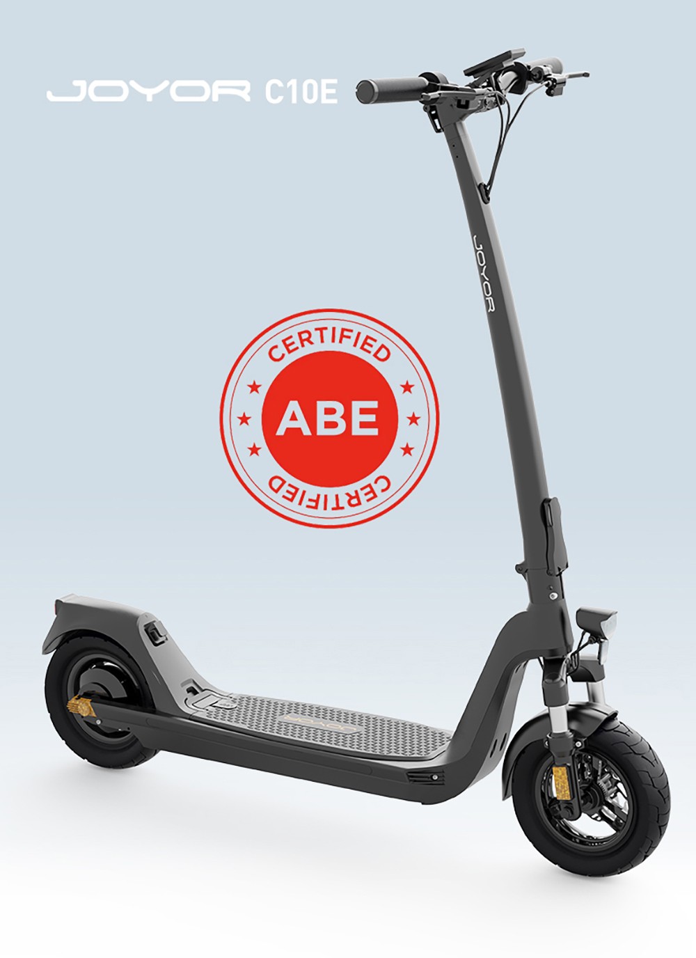 JOYOR C10E Electric Scooter, ABE Certification, 500W Motor, 48V 10.4AH batéria, 10-palcové pneumatiky, max. rýchlosť 20 km/h, dojazd 40 km, predná a zadná kotúčová brzda, predný tlmič