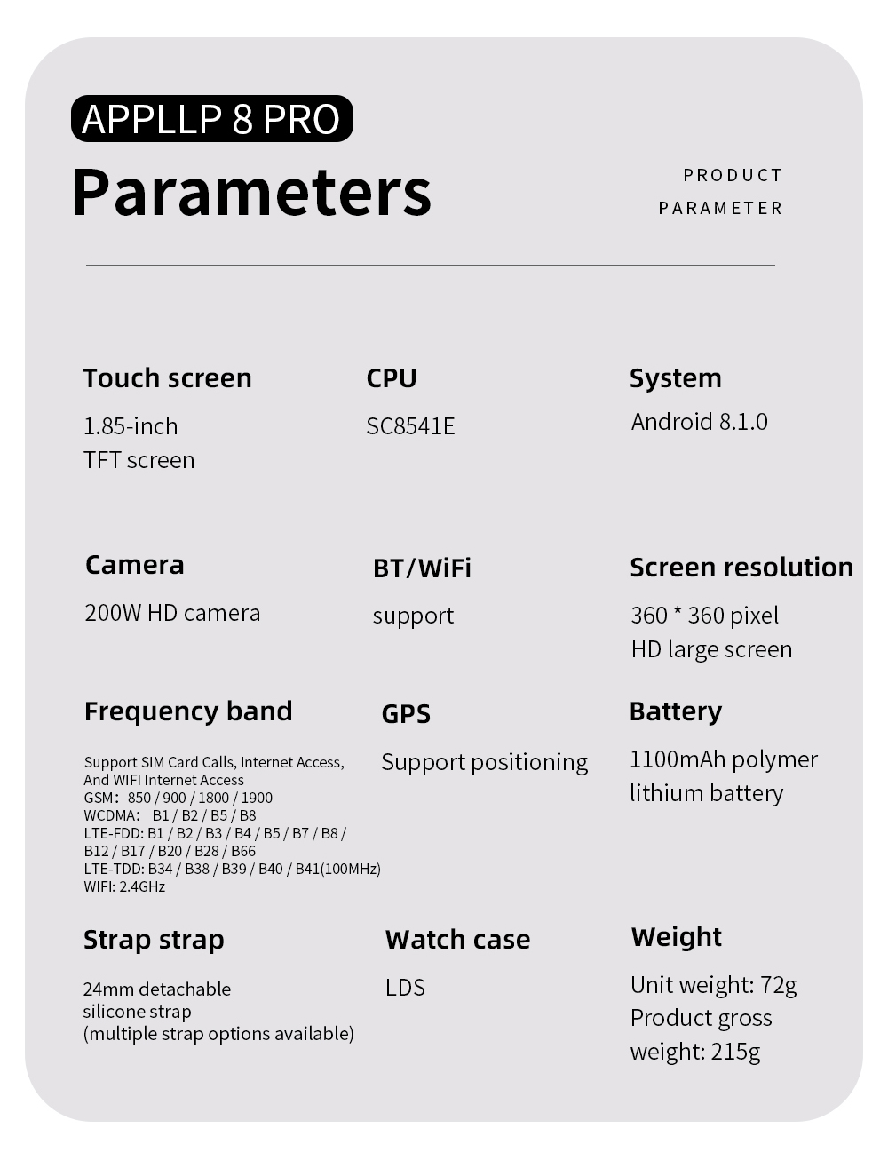 LOKMAT APPLLP 8 Pro Smartwatch, Android 8.1, 1.85'' HD TFT Screen, 4G Calling, NFC Access, Heart Rate Blood Oxygen Monitoring