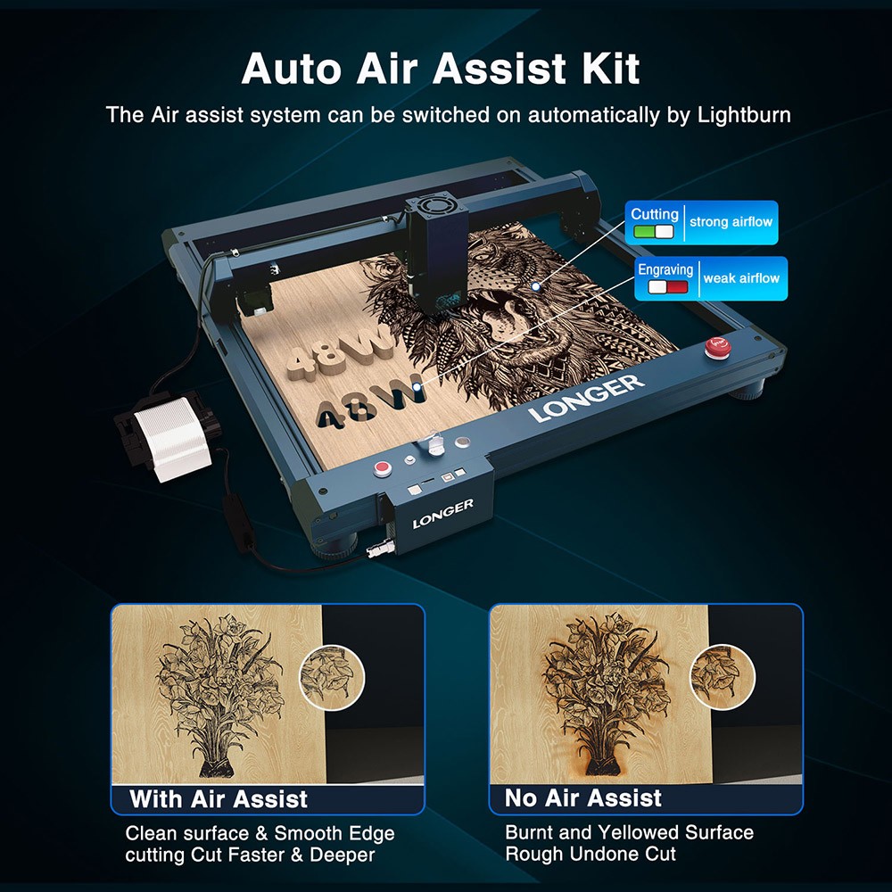 LONGER Laser B1 Laserschneider, 40 W Laserleistung, Luftunterst&uuml;tzungssystem, 0,10 x 0,15 mm Laserpunkt, 36000 mm/min, 450 x 440 mm