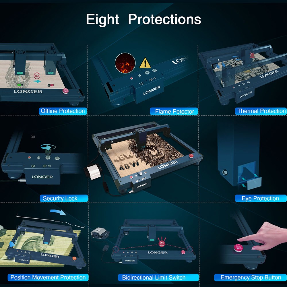 LONGER Laser B1 Laserschneider, 40 W Laserleistung, Luftunterst&uuml;tzungssystem, 0,10 x 0,15 mm Laserpunkt, 36000 mm/min, 450 x 440 mm