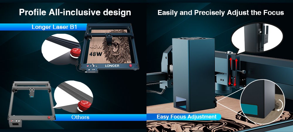 LONGER Laser B1 Laserschneider, 40 W Laserleistung, Luftunterst&uuml;tzungssystem, 0,10 x 0,15 mm Laserpunkt, 36000 mm/min, 450 x 440 mm
