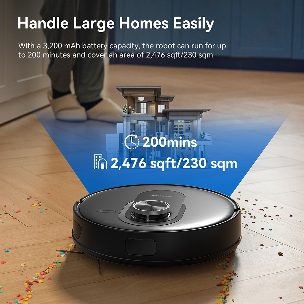 Proscenic Q8 Robot Vacuum and Mop Combo, 4200 Pa sanie, LiDAR Nav, 200min prevádzka, automatické samonabíjanie, APP ovládanie, 350ml kôš na prach, 250ml nádrž na vodu, na podlahy v interiéri, chlpy domácich zvierat, koberce - čierny