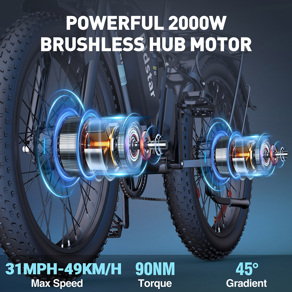 Ridstar E26 Pro Electric Bike, 1000W*2 motor, 48V 23Ah batéria, 26*4 palcové tučné pneumatiky, max. rýchlosť 49 km/h, dojazd 75 km, duálne hydraulické brzdy, celoodpružený, Shimano 7 rýchlostí