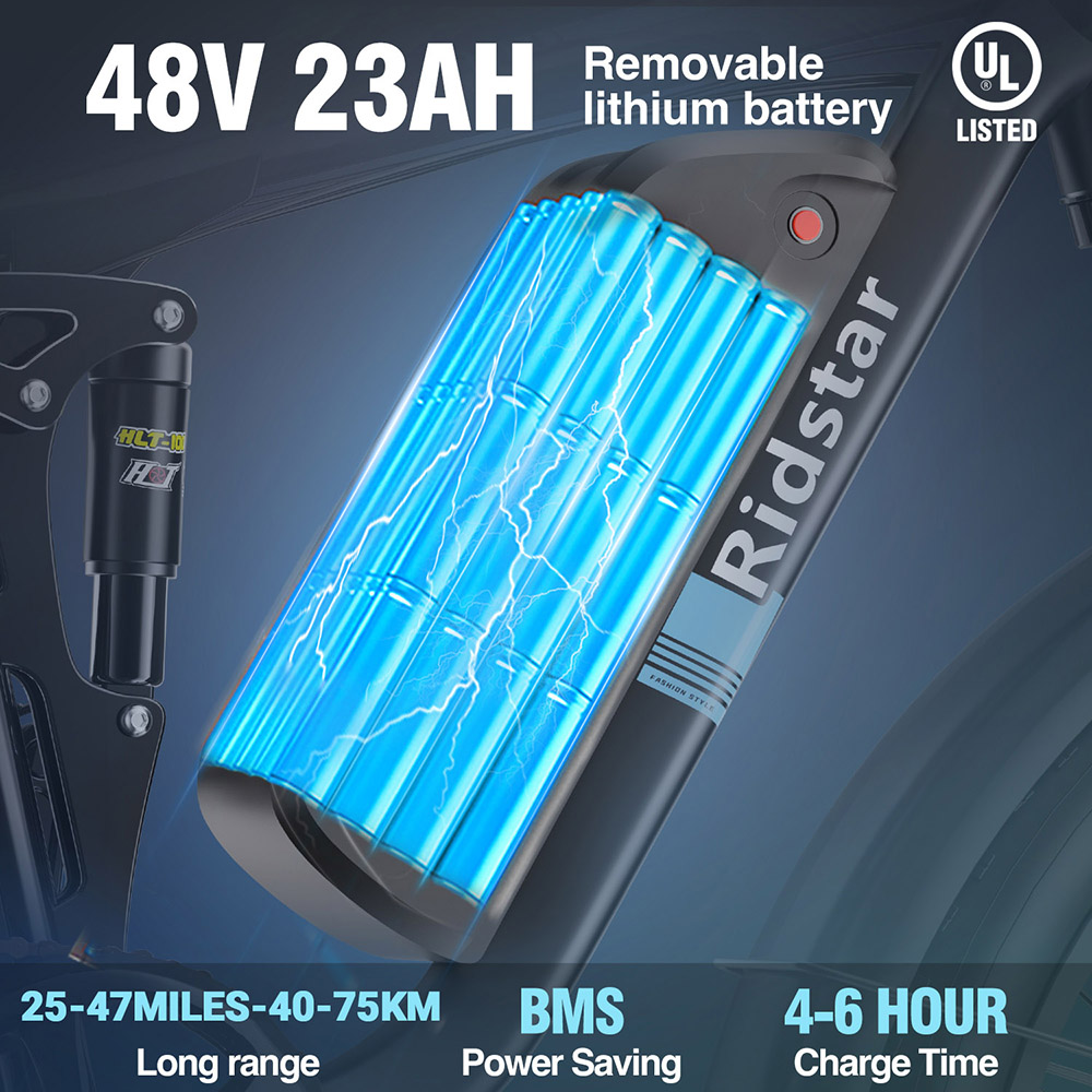 Ridstar E26 Pro Electric Bike, 1000W*2 Motor, 48V 23Ah Battery, 26*4 Inch Fat Tires, 49km/h Max Speed, 75km Range, Dual Hydraulic Brake, Full Suspension, Shimano 7-speed