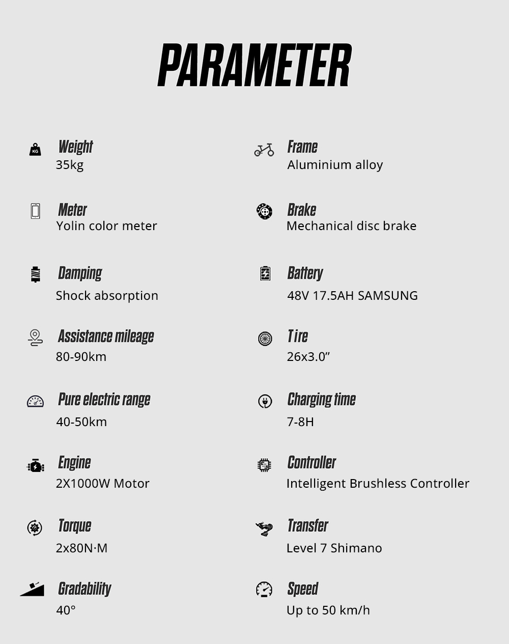 Shengmilo S600 Electric Bike, 1000W*2 Motor, 48V 17.5AH batéria, 26-palcové pneumatiky, max. rýchlosť 42 km/h, max. dojazd 90 km, mechanické kotúčové brzdy, predná vidlica s dvojitým ramenom, zadný tlmič, Shimano 7 rýchlostí