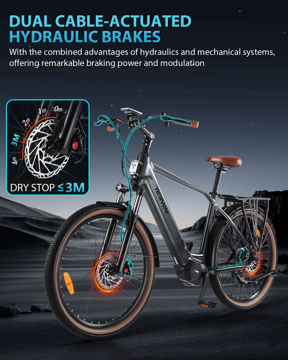 Elektrický bicykel TESWAY COMET-M, 500W motor, 48V 14Ah batéria, 27,5*2.4-palcové pneumatiky, max. rýchlosť 40 km/h, dojazd 80 km, predná odpružená vidlica, hydraulické kotúčové brzdy, 7-stupňová prevodovka Shimano - sivá