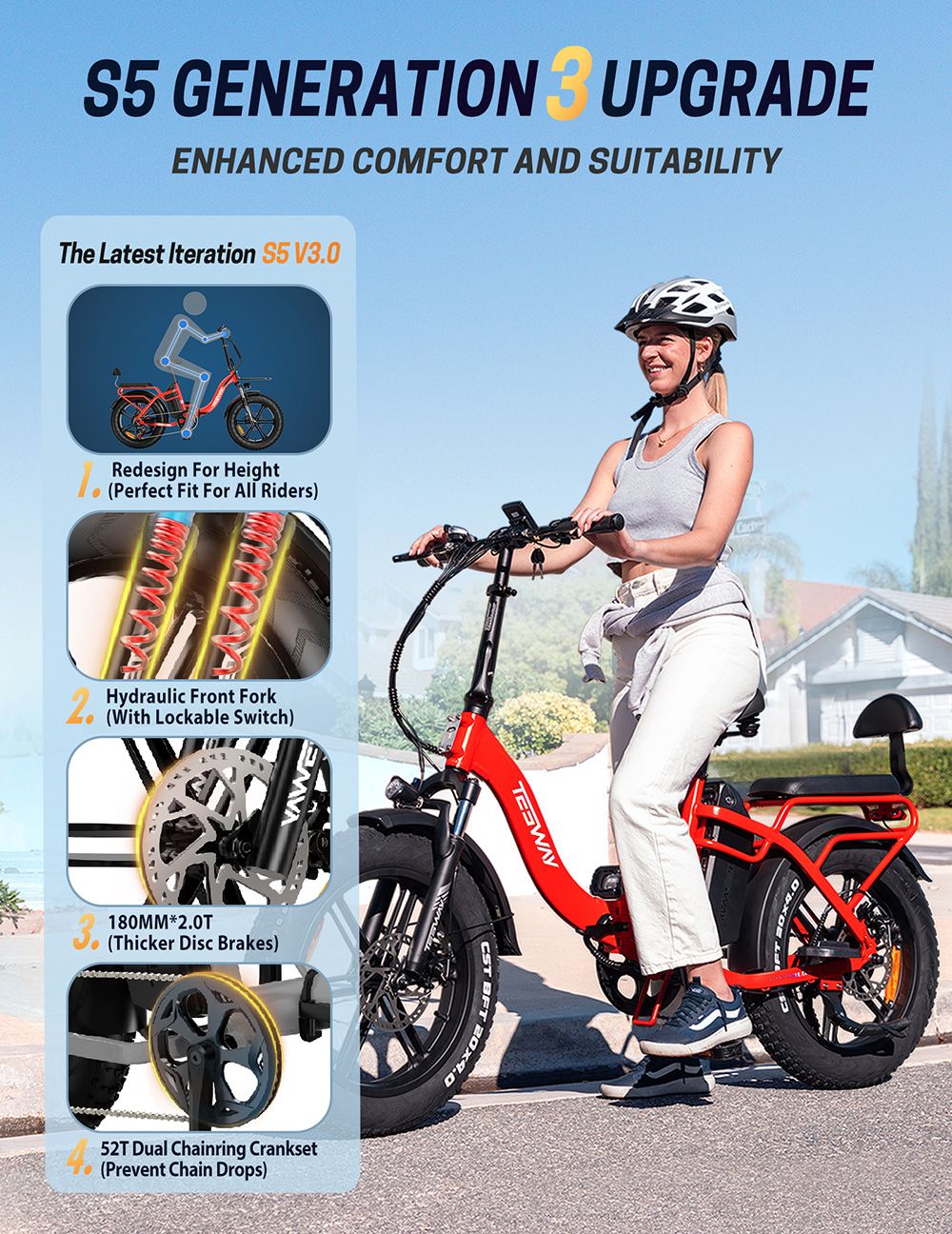 TESWAY S5 Electric Bike, 250W motor, 48V 20Ah batéria, 20*4.0 palcové pneumatiky, max. rýchlosť 45 km/h, dojazd 110 km, predné & zadné mechanické kotúčové brzdy, hydraulické odpruženie, Shimano 7 rýchlostí, LCD displej - červený