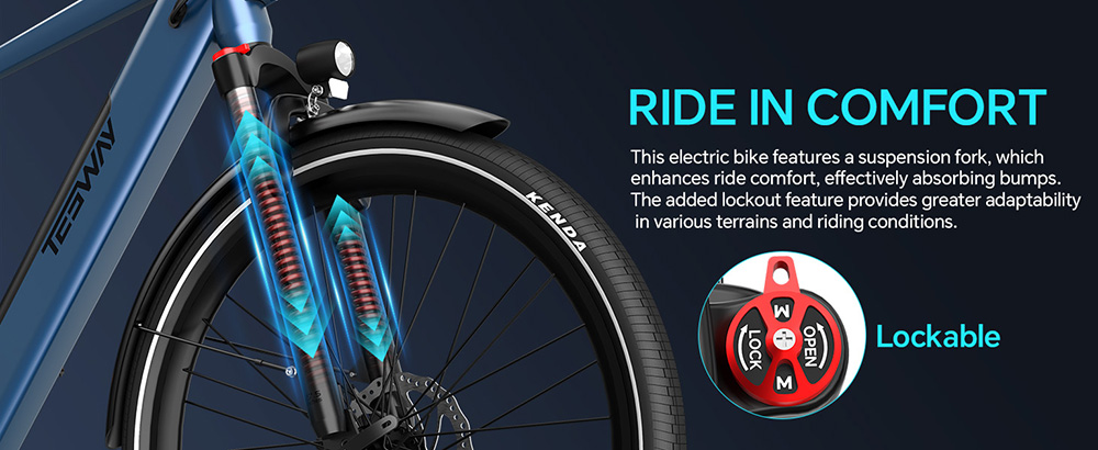 Elektrický bicykel TESWAY STRIDER, 250W motor, 48V 12Ah batéria, 27,5*2.4-palcové pneumatiky, max. rýchlosť 40 km/h, dojazd 65 km, odpružená vidlica, mechanické kotúčové brzdy, 7-stupňová prevodovka Shimano - modrá