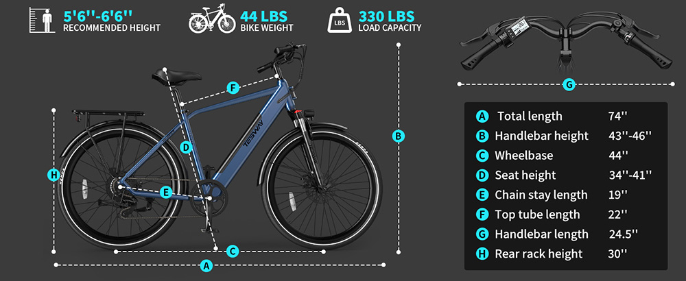 Elektrický bicykel TESWAY STRIDER, 250W motor, 48V 12Ah batéria, 27,5*2.4-palcové pneumatiky, max. rýchlosť 40 km/h, dojazd 65 km, odpružená vidlica, mechanické kotúčové brzdy, 7-rýchlostná prevodovka Shimano - modrá