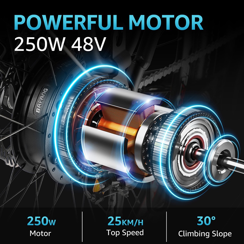 Elektrický bicykel TESWAY WALKER, 250W motor, 48V 12AH batéria, 27.5*2.4-palcové pneumatiky, max. rýchlosť 40 km/h, dojazd 90 km, mechanické kotúčové brzdy, hydraulické odpruženie vidlice, 7-rýchlostný prevod Shimano - čierny