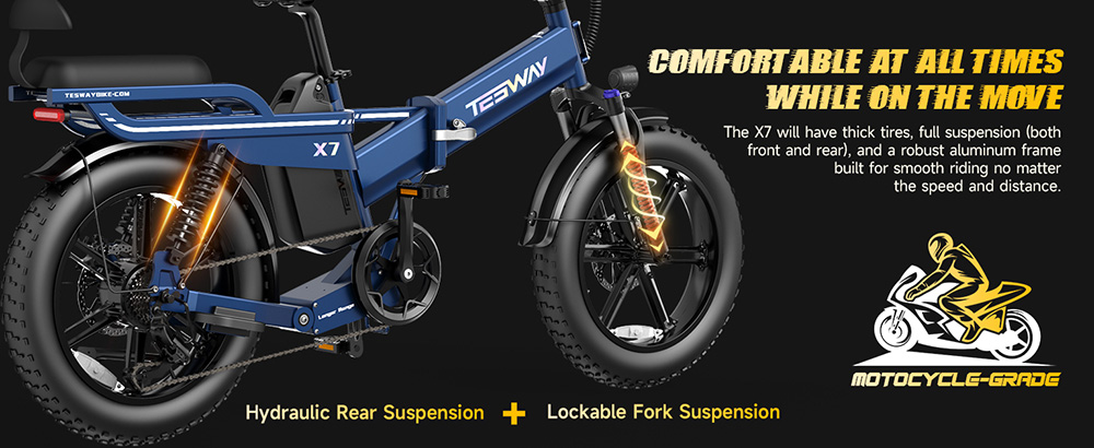 Elektrobicykel TESWAY X7, 750W motor, 48V 25Ah batéria, 20*4,0-palcové pneumatiky, max. rýchlosť 45 km/h, dojazd 130 km, mechanické kotúčové brzdy, hydraulické zadné odpruženie, uzamykateľné odpruženie vidlice, Shimano 7 rýchlostí - čierny