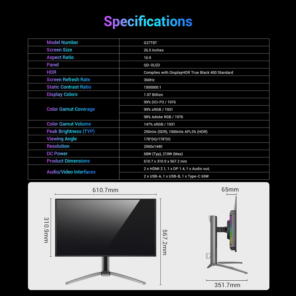 Herný monitor TITAN ARMY G27T8T, 26,5-palcová obrazovka 2560*1440 QD-OLED, obnovovacia frekvencia 360 Hz, 0.03 ms GTG, 1000 nitov, HDR 400, Adaptive-Sync, Game Assist, 65W nabíjanie typu C, dva reproduktory, okolité svetlo, 2*HDMI 2.1 1*DP 1.4 1*USB-A 1*USB-B 1*Audio