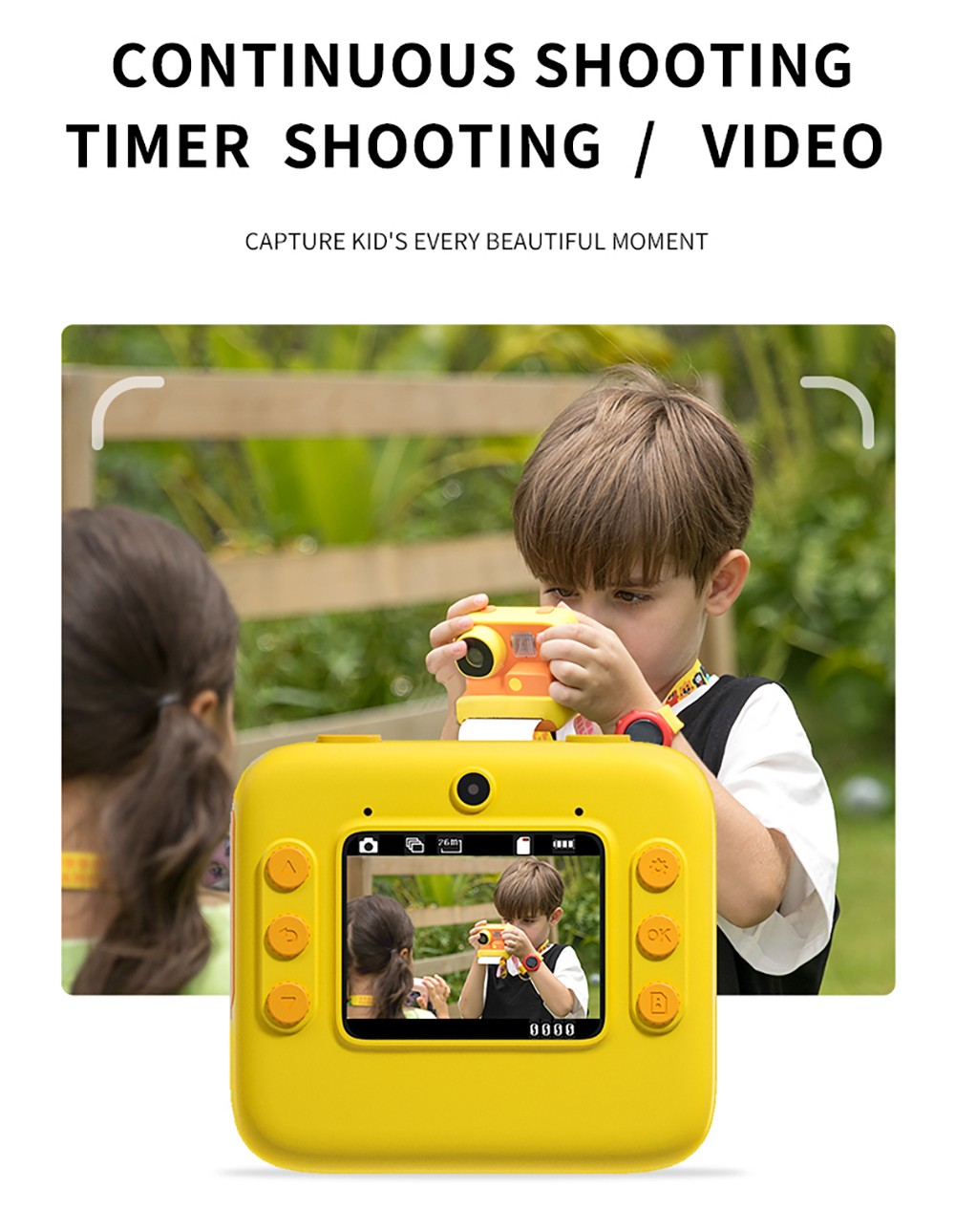 WOWKIDS K27 Kids Instant Print Camera, 48MP Front & Rear Dual Cameras, 1080P Resolution, 4 Filters, 32GB TF Card, 1400mAh Battery - Yellow
