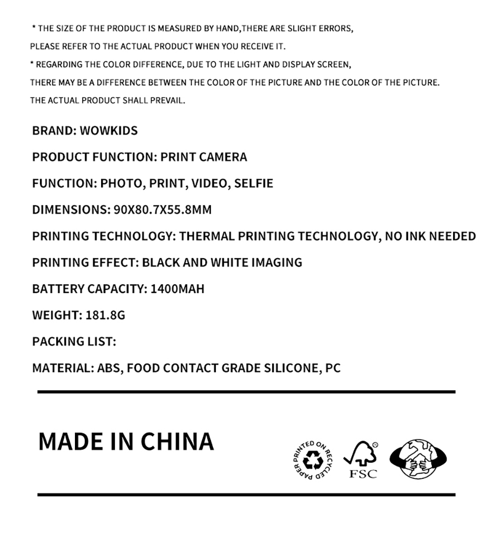 WOWKIDS K27 Kids Instant Print Camera, 48MP Front & Rear Dual Cameras, 1080P Resolution, 4 Filters, 32GB TF Card, 1400mAh Battery - Yellow