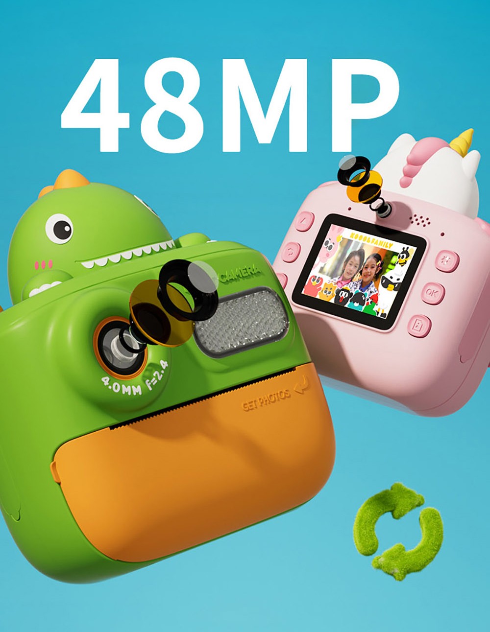 WOWKIDS K64 Kids Instant Print Camera, 48MP Front & Rear Dual Cameras - Yellow Bear