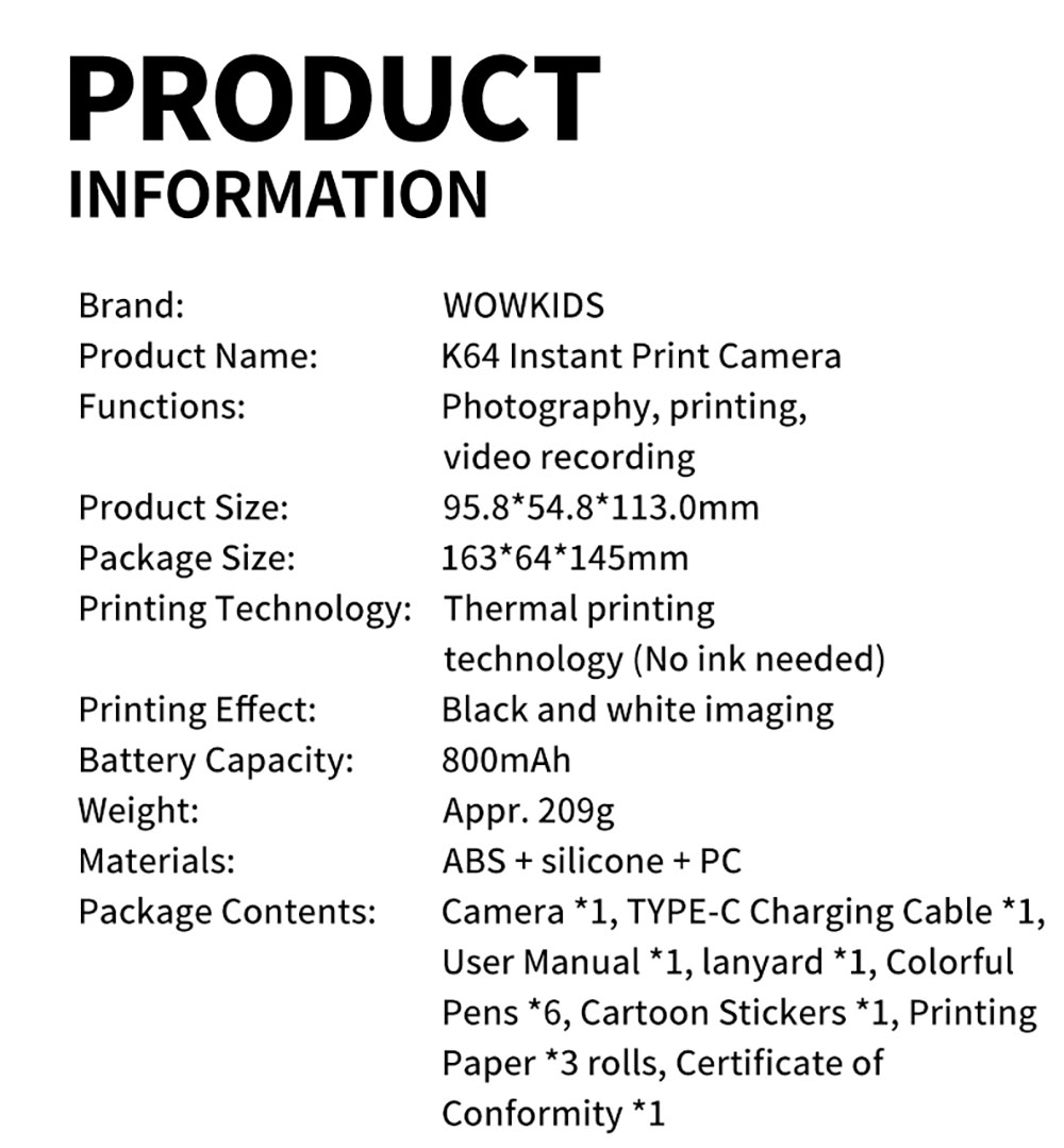 WOWKIDS K64 Kids Instant Print Camera, 48MP Front & Rear Dual Cameras - Yellow Bear