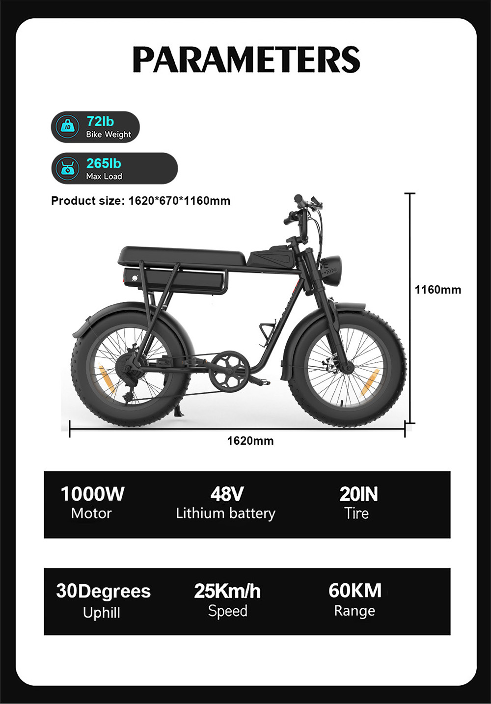 YAMALI FXH-006 Elektrobicykel, 1000W motor, 48V 20Ah batéria, 20*4'' tučné pneumatiky, max. rýchlosť 50 km/h, dojazd 60 km, Shimano 7 rýchlostí, predné & zadné mechanické kotúčové brzdy, Shimano 7 rýchlostí, LCD displej - čierny