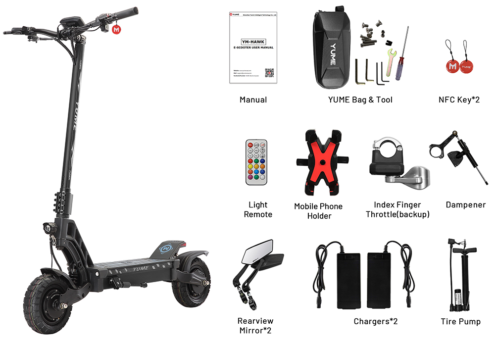 YUME HAWK Electric Scooter, 10x3.15'' bezdušové terénne pneumatiky, motor 1200W*2, batéria 60V 25Ah, max. rýchlosť 70km/h, max. dojazd 83km, hydraulické kotúčové brzdy, max. zaťaženie 126kg, ovládanie APP