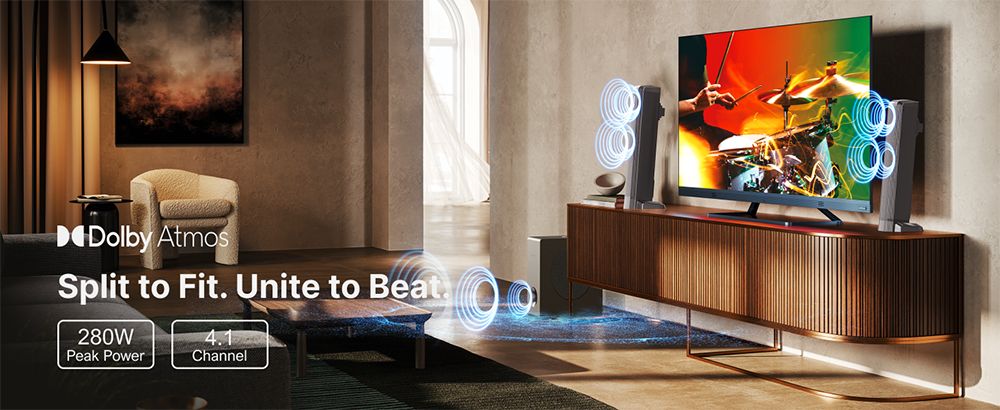 ULTIMEA Apollo S60 odnímateľný soundbar so subwooferom, 4.1 kanálový, Bluetooth 5.3, 3 režimy ekvalizéra, špičkový výkon 280 W