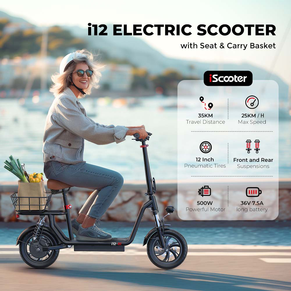 iScooter i12 Electric Scooter with Seat & Rear Basket, 500W Motor, 36V 7.5Ah batéria, 12-palcová pneumatická pneumatika, max. rýchlosť 25 km/h, max. dojazd 35 km, dvojkotúčové brzdy, dvojité tlmenie nárazov