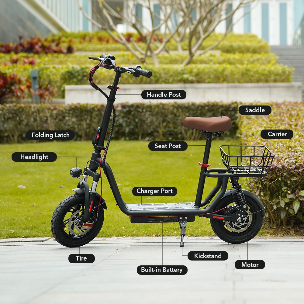 iScooter i12 Electric Scooter with Seat & Rear Basket, 500W Motor, 36V 7.5Ah batéria, 12-palcová pneumatická pneumatika, max. rýchlosť 25 km/h, max. dojazd 35 km, dvojkotúčové brzdy, dvojité tlmenie nárazov