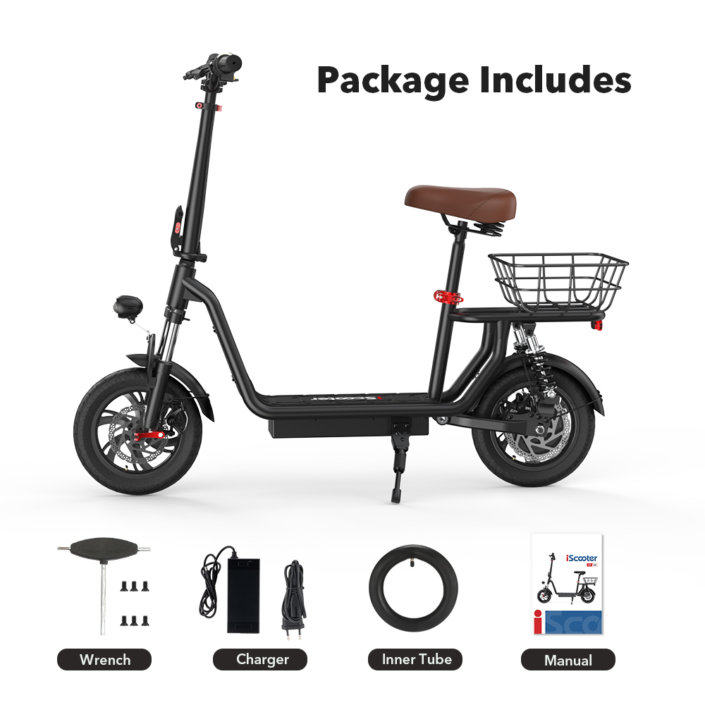 iScooter i12 Electric Scooter with Seat & Rear Basket, 500W Motor, 36V 7.5Ah batéria, 12-palcová pneumatická pneumatika, max. rýchlosť 25 km/h, max. dojazd 35 km, dvojkotúčové brzdy, dvojité tlmenie nárazov