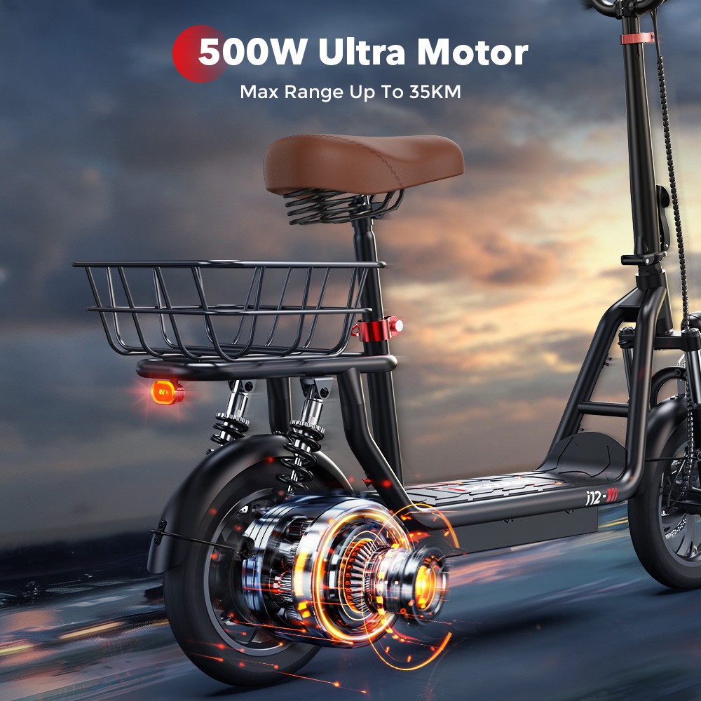 iScooter i12 Electric Scooter with Seat & Rear Basket, 500W Motor, 36V 7.5Ah batéria, 12-palcová pneumatická pneumatika, max. rýchlosť 25 km/h, max. dojazd 35 km, dvojkotúčové brzdy, dvojité tlmenie nárazov