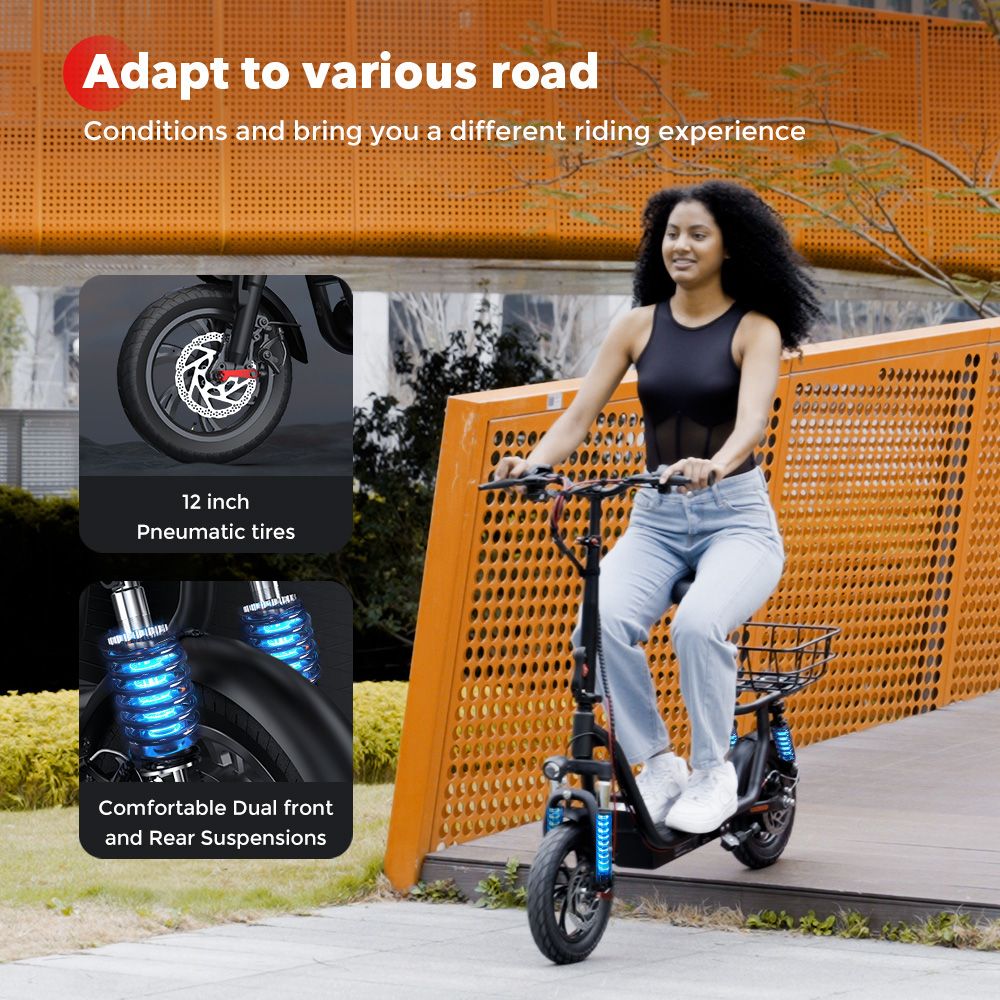 iScooter i12 Electric Scooter with Seat & Rear Basket, 500W Motor, 36V 7.5Ah batéria, 12-palcová pneumatická pneumatika, max. rýchlosť 25 km/h, max. dojazd 35 km, dvojkotúčové brzdy, dvojité tlmenie nárazov