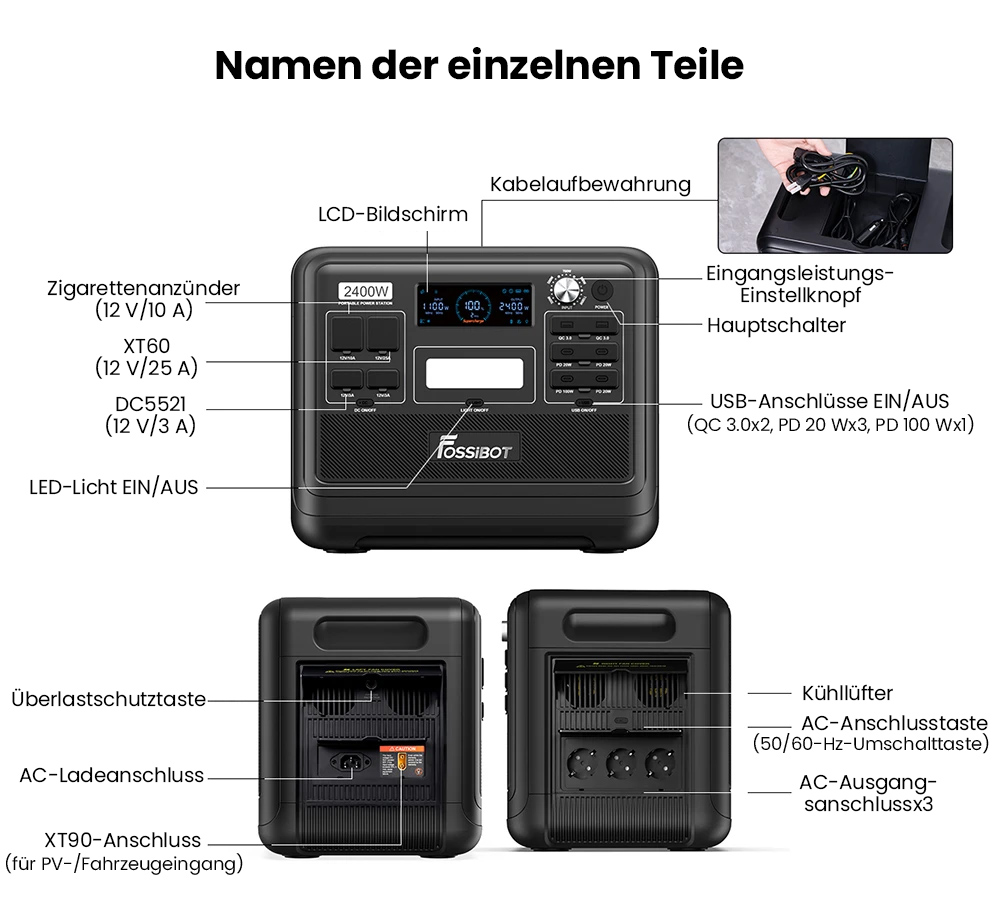 FOSSiBOT F2400 Tragbare Powerstation, 2048 Wh LiFePO4-Akku, 2400 W Ausgangsleistung, Solargenerator, 16 Ausgangsanschl&uuml;sse &ndash; Gr&uuml;n