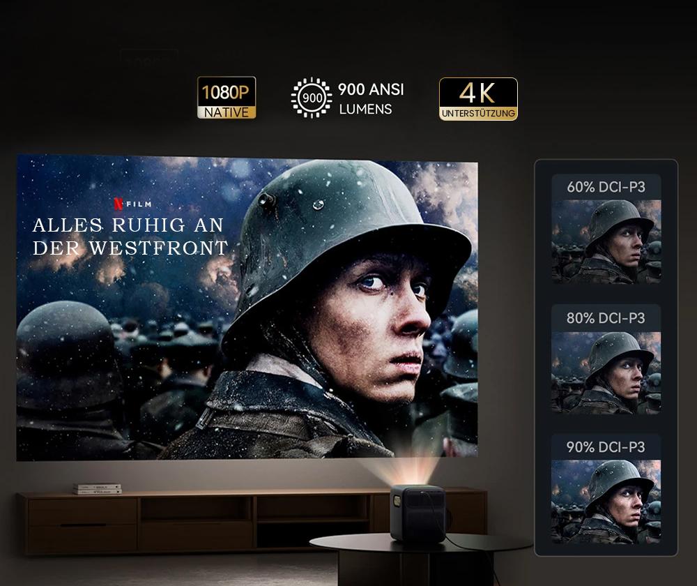Wanbo Mozart 1 Pro LCD-Beamer, 900 ANSI, Native 1080P, Android TV 11, Autofokus, Objektvermeidung &ndash; EU-Stecker
