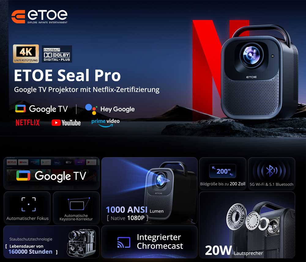 [Netflix és Google TV tanúsítvánnyal] ETOE Seal Pro projektor, 1000 ANSI, Google TV, Dolby Audio tanúsítvánnyal, natív 1080P, automatikus trapézkorrekció, 2 x 10 W-os hangszóró, beépített Chromecast, Google Asszisztens