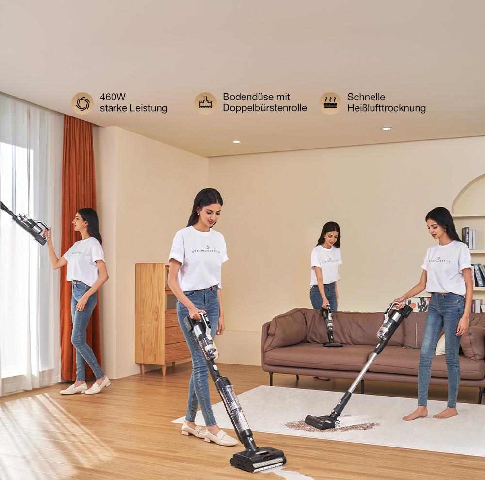 JIMMY PW11 Pro 4-in-1 kabelloser Staubsauger und Waschmaschine, 460 W Leistung, doppelte Reinigung mit zwei B&uuml;rstenrollen, schnelles Trocknen mit Hei&szlig;luft, LED-Display, 180&deg; flaches Design &ndash; EU-Stecker (Silber-Schwarz)