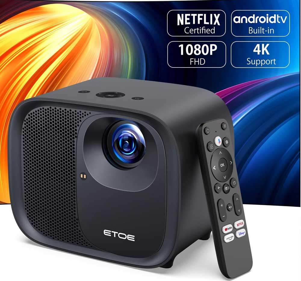 [Netflix & Google TV Certified] Projektor ETOE E3 Pro, Dolby Digital Plus, natívne 1080P, 600 ANSI lúmenov, Google TV 11.0, Amlogic S905, 2GB+16GB, 5G WiFi, 4K dekódovanie, automatické zaostrovanie & korekcia lichobežníkového skreslenia, predinštalovaný Obchod Play, Google Assistant