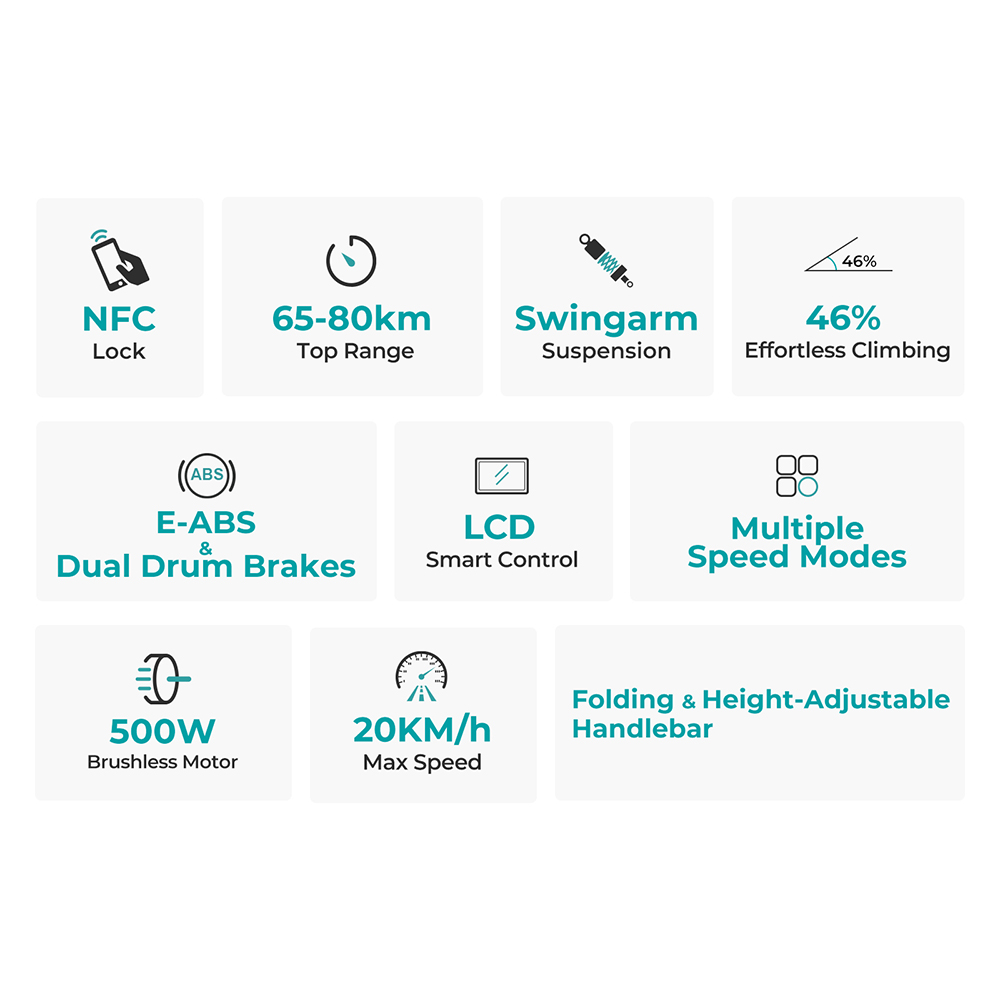 Elektroroller Ausom GX1 ABE-Zertifizierung 500-W-Motor, 48-V-15,6-Ah-Akku, 9-Zoll-Luftreifen aus Gummi, 20 km/h H&ouml;chstgeschwindigkeit, 80 km maximale Reichweite, NFC-Schloss, E-ABS und Doppeltrommelbremsen Deutsche Version