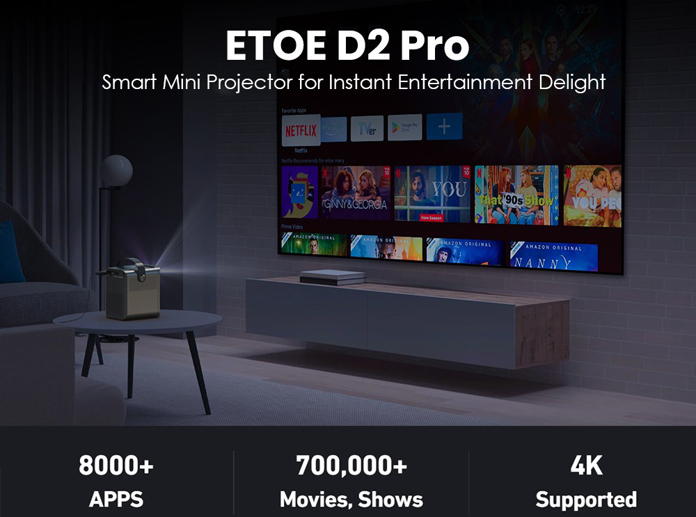 Projektor ETOE D2 Pro, 200 ANSI, Android TV 11.0, natívne 1080P, korekcia lichobežníkového skreslenia - zástrčka EÚ