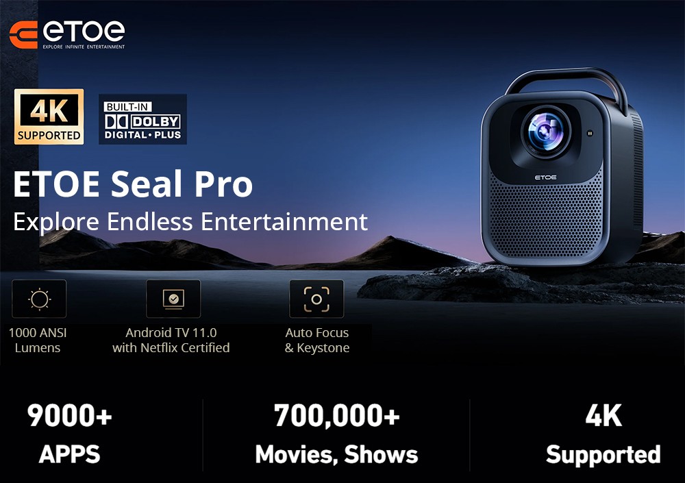 Projektor ETOE Seal Pro, 1000 ANSI, natívne 1080P, Android TV 11.0, automatické zaostrovanie. Automatická korekcia lichobežníkového skreslenia, 2*10W reproduktory - zástrčka EÚ