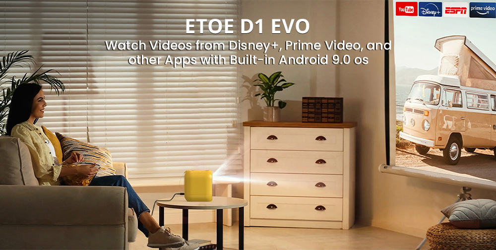 ETOE D1 Evo Projector, 150 ANSI, Android 9.0, 720P Resolution, Keystone Correction - US Plug