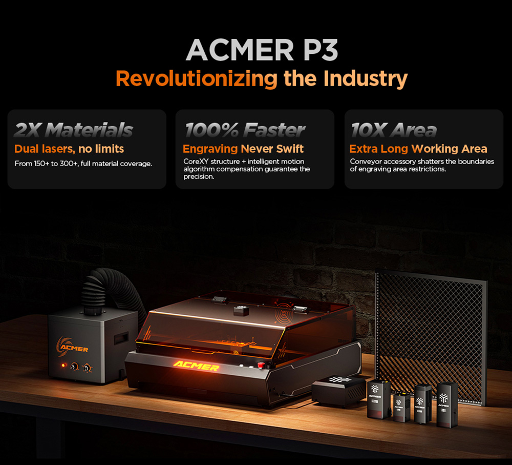 ACMER P3 24W Diode Enclosed Laser Engraver, 400*400mm, Built-in Air Assist, 48000mm/min Engraving Speed, 0.01mm Precision, CoreXY, Laser Safety Class 1