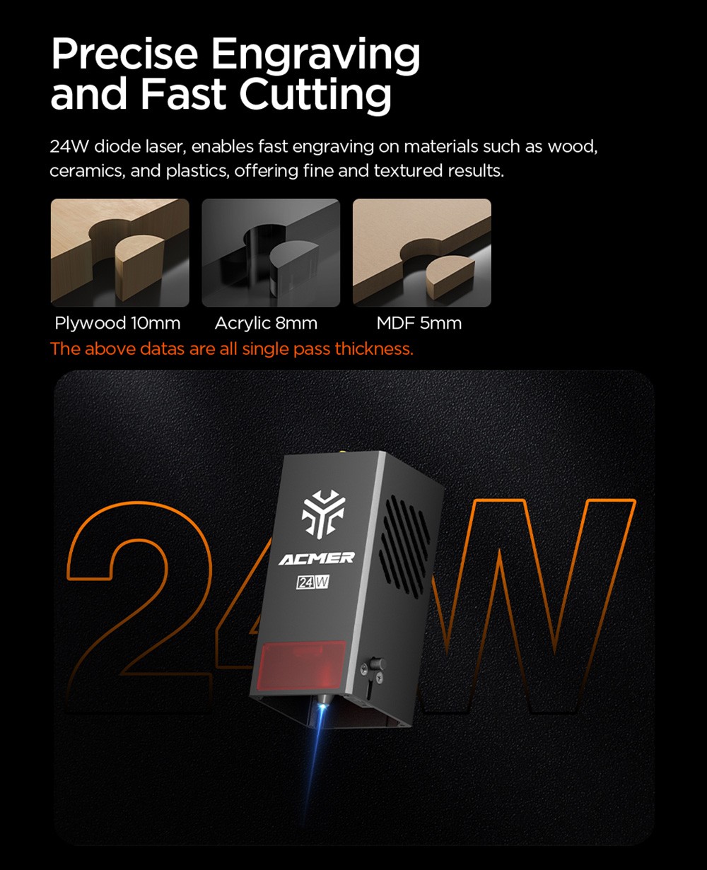 ACMER P3 24W Diode Enclosed Laser Engraver, 400*400mm, Built-in Air Assist, 48000mm/min Engraving Speed, 0.01mm Precision, CoreXY, Laser Safety Class 1